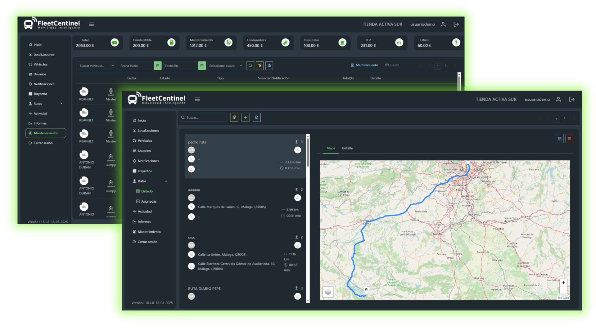 Fleetcentinel rutas e informes